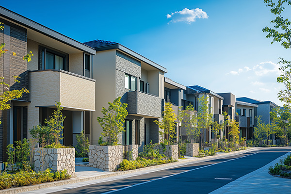 整備された住宅街、道路沿いに並んだ家々が特徴的な新しい住宅地