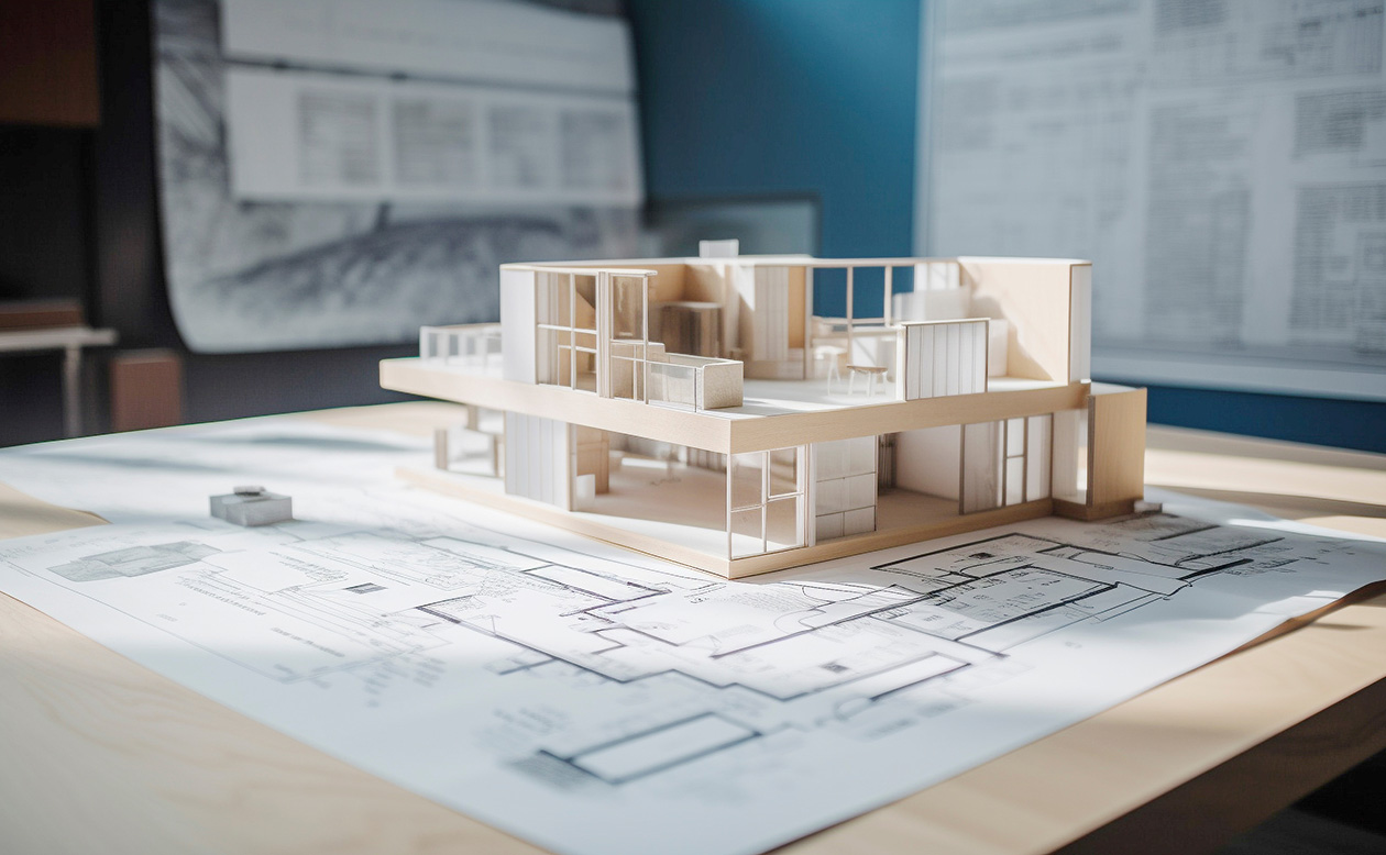 建築模型と設計図が並ぶデスクの上で、精緻に作られたリノベーションの模型が置かれている。